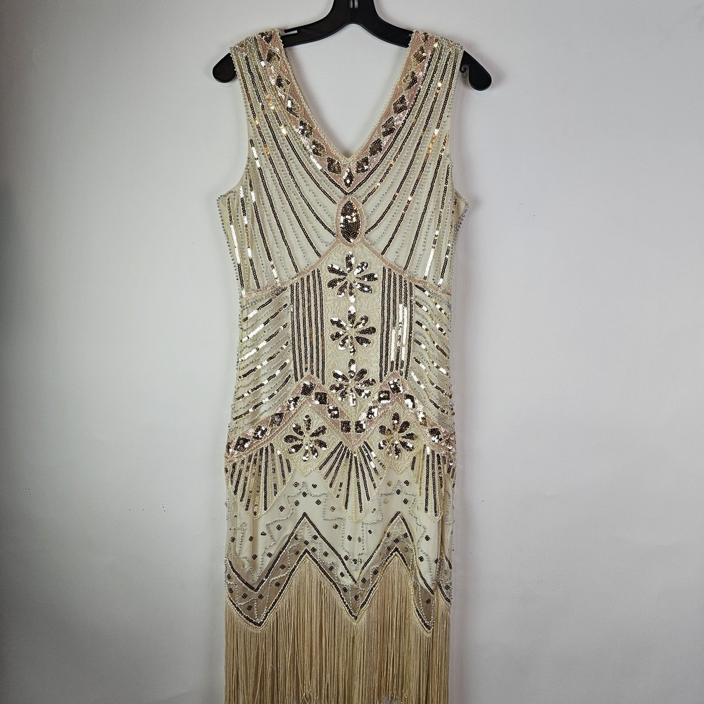 METME Women's Flapper Dress Sequins Fringed Sleeveless Large Champagne Gold Glam